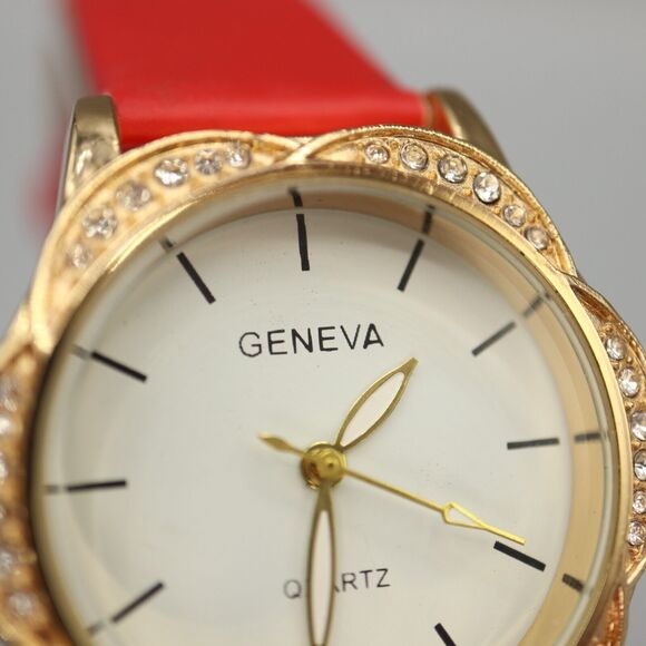 Geneva Ladies Gold Tone Flower Watch Jewel Bezel Red Faux Leather w New Battery - Picture 5 of 10